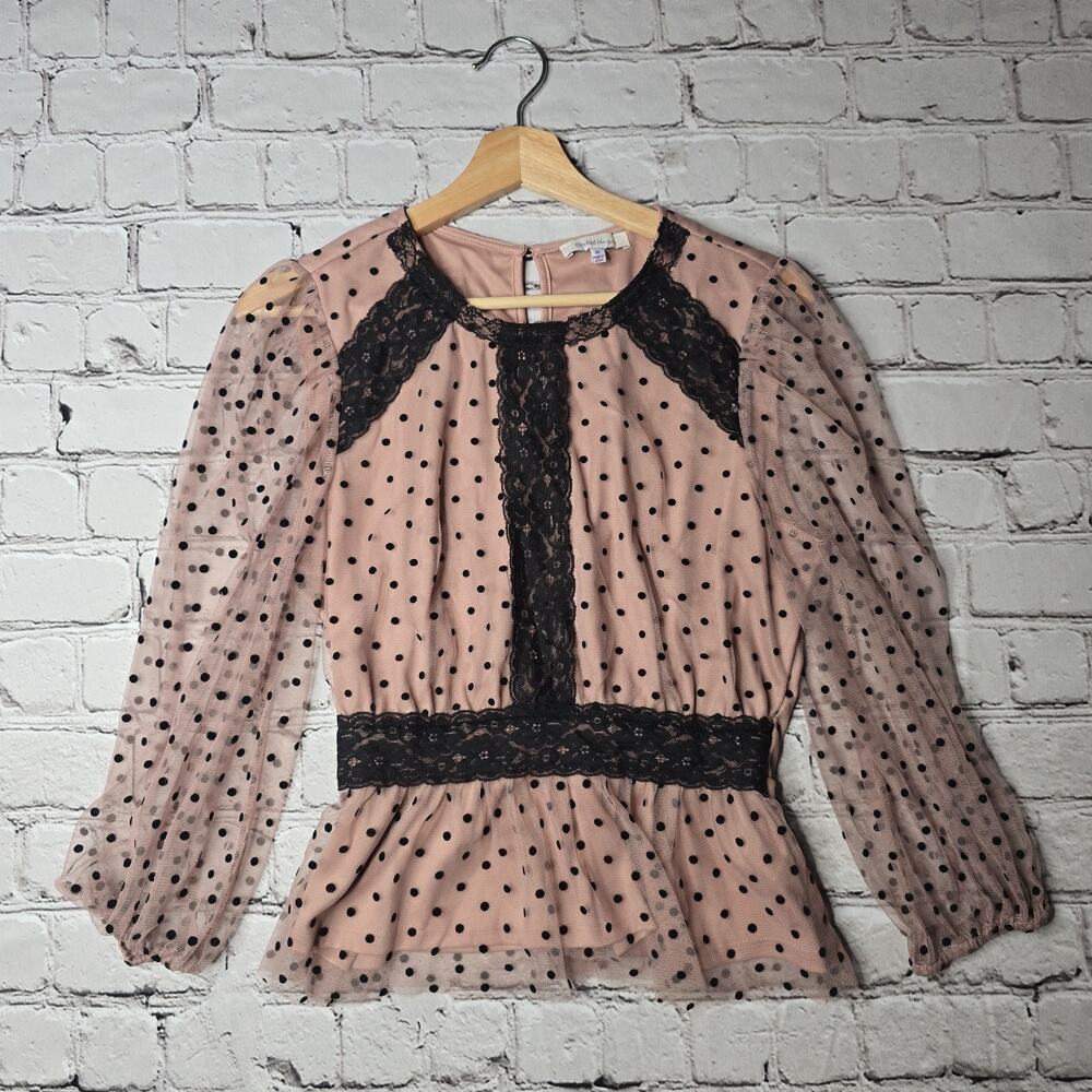 Orchid Haze Blush Pink Black Polka Dot Lace Accent Peplum Blouse Size Medium